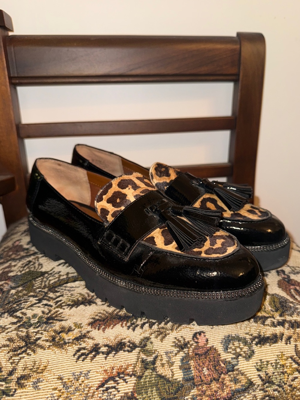 Franco Sarto Black Patent Leather Loafers with Leopard Print - Picture 8 of 14